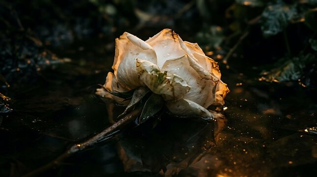 A wilted white rose lies on wet ground with leaves and petals damaged