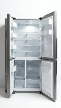 Modern empty refrigerator interior view. Stainless steel appliance has open doors with clear shelves and crisper drawers for food storage. Clean, spacious, and bright kitchen appliance.