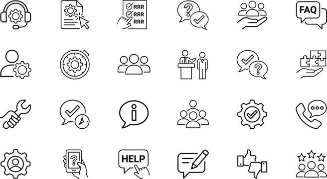 Customer service and tech support line icon set with help desk call center faq chat bubbles user settings feedback and assistance symbols.