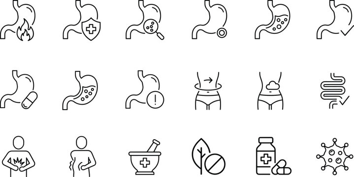 Stomach health and digestion line icon set with gerd stomach burns bacteria endoscope flatulency bloated ache treatments and gastroenterology medical symbols.