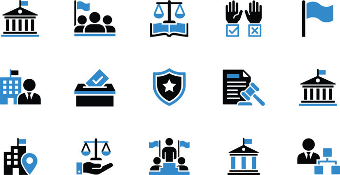 Government and public administration icon set with parliament constitution democracy flag politician election police regulation senate justice congress state and political elements.