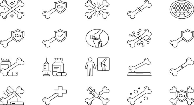 Bones and orthopedics medical line icon set with calcium shield protection joint fracture xray scan joint anatomy pills and orthopedic surgery symbols.