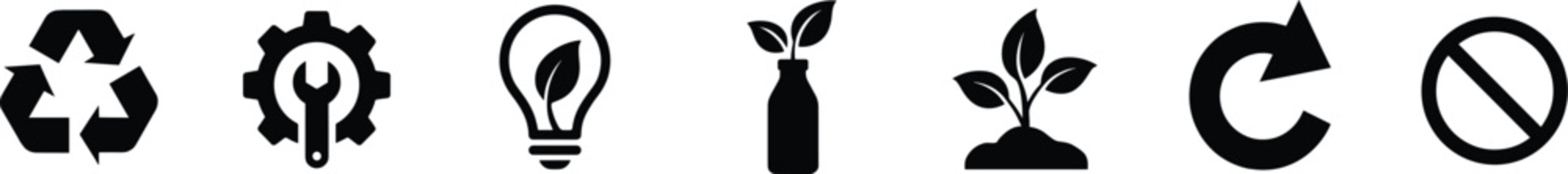 Recycle reuse refuse repair rethink repurpose and rot waste management zero waste ecology glyph icon set with environmental sustainability concepts.
