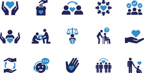 Fototapeta premium Charity and donation non profit community icon set with volunteers empathy humanitarian aid fair distribution solidarity supporting seniors and community unity symbols.