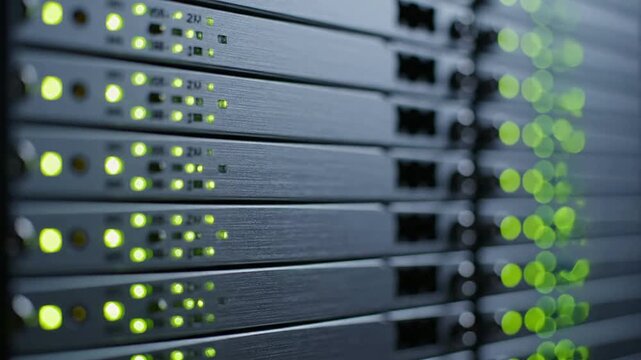 Macro Shot Of A High-Density Data Storage Array Featuring Multiple Hard Drive Caddies With Green LED Lights