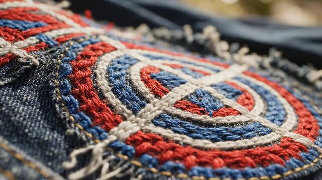 Macro Shot of Colorful Sashiko Embroidery on a Vintage Designer Denim Jacket