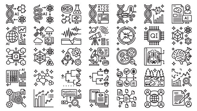 Science data chip icon set framed square vector outline bold