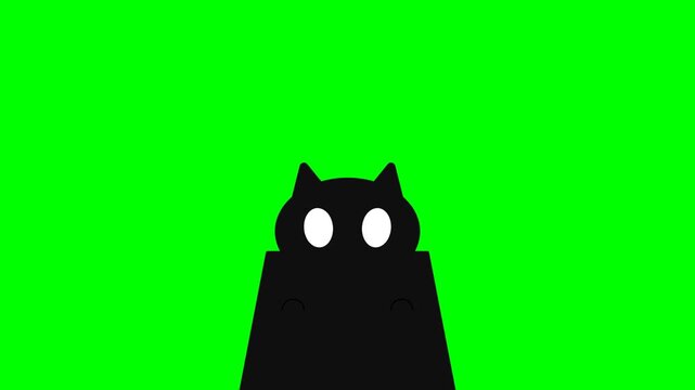 Minimalist black cat silhouette peeking from a box on a green screen background.
