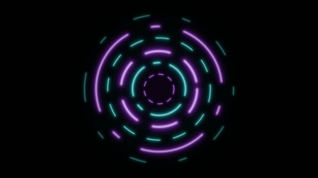 Abstract glowing neon dashed circles in purple and teal on a black background.