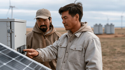 Fototapeta premium Low angle hero shot of community microgrid solar array field, Kazakh and Sami energy cooperative members inspecting inverter panel, dramatic overcast sky above wind turbines and