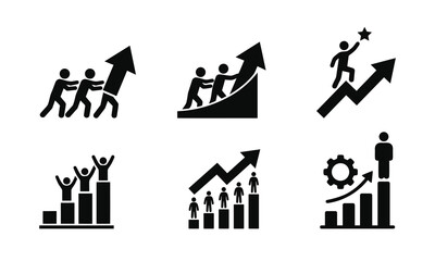 Obraz premium Business growth arrow chart and teamwork people silhouette icon set isolated on white background