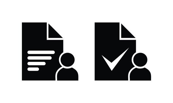 User profile document resume and approved checkmark form vector silhouette icon set isolated on white background