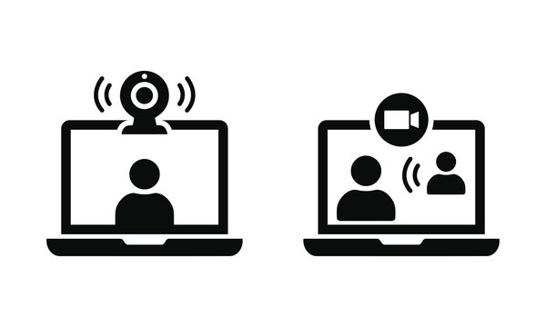 Video conference video call laptop webcam online meeting user vector silhouette icon set isolated on white background