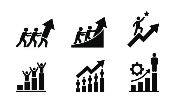 Business growth arrow chart and teamwork people silhouette icon set isolated on white background