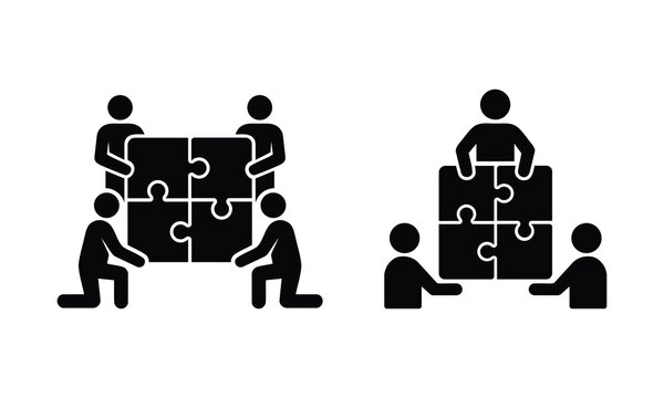 Teamwork business people connecting jigsaw puzzle pieces vector silhouette icon set isolated on white background