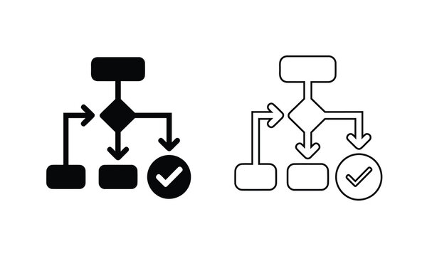 Business flowchart process diagram with checkmark vector silhouette and outline icon set isolated on white background