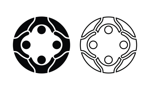Abstract teamwork circle logo with people holding hands vector silhouette and outline icon set isolated on white background
