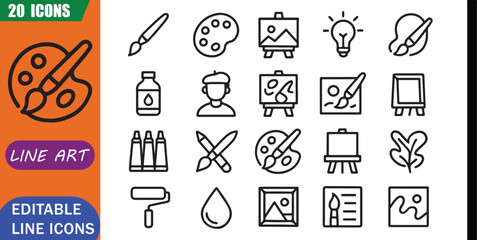 Fototapeta premium Isolated painting art icons set, canvas painting, 20 editable line art icons set, painting art, artwork creativity, artist canvas color, design illustration theme, clean outline vector