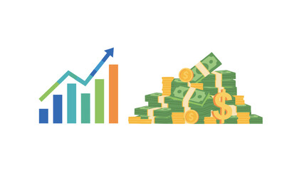 Fototapeta premium Bar chart showing significant rising growth trends placed beside a large pile of cash representing financial success and wealth accumulation.
