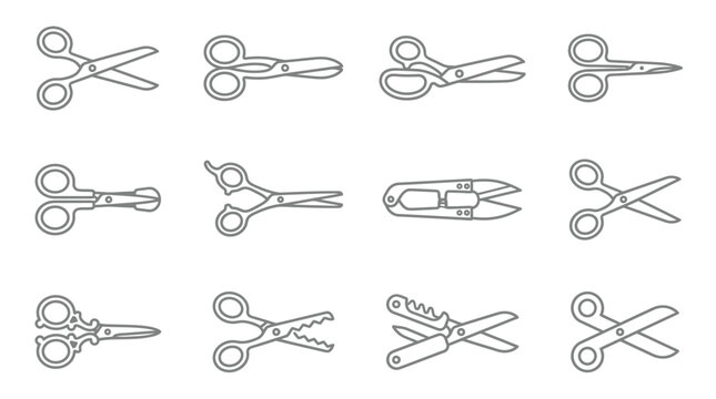 Black line scissor icons for sewing and craft designs.