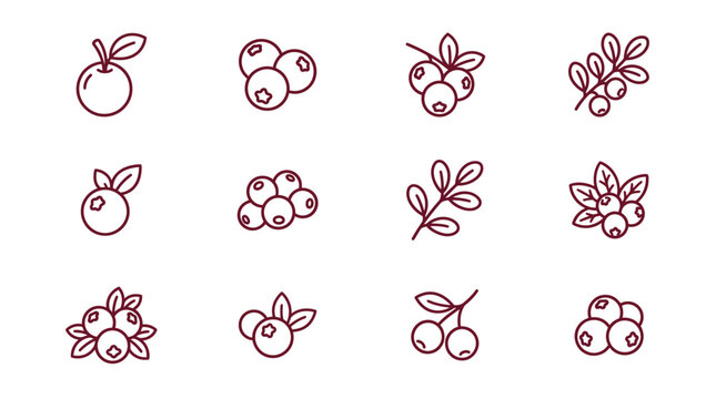 Collection of berry and cherry line icons.