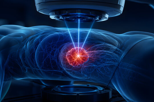 Ultra realistic radiotherapy concept with focused radiation beams targeting an internal tumor, advanced cancer treatment visualization in a modern clinical environment with copy space.

