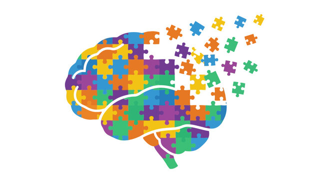 Colorful brain made of puzzle pieces dissolving into fragments.