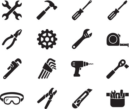 construction and repair tools icon set with hammar, wrench, screwdriver, gear and drill - black vector collection 