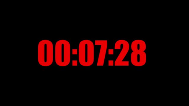 Digital countdown timer from fifteen minutes to zero, 00:15:00 to 00:00:00, on dark background, representing deadline, urgency, final countdown, time management
