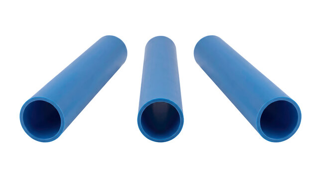 Three identical blue pex pipes plumbing supply arranged side by side.
