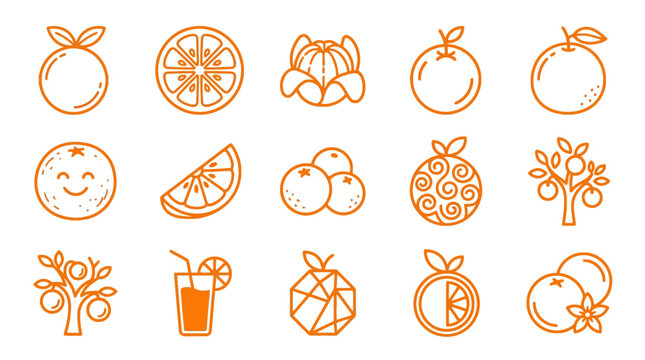 Orange fruit and juice glass line icons