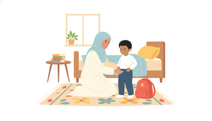 Fototapeta premium Mother wearing a hijab helps her young son get dressed in the bedroom before going to school as he stands ready with his red backpack nearby.