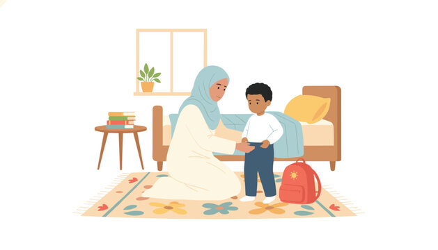 Mother wearing a hijab helps her young son get dressed in the bedroom before going to school as he stands ready with his red backpack nearby.