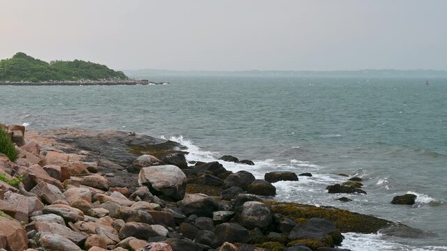 Groton, Connecticut, USA &ndash; Waves Breaking Along Rocky Shore During Coastal Storm