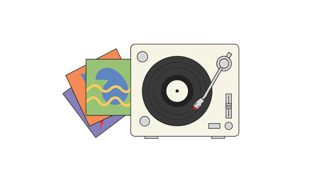 Modern vinyl record player with a stack of musical albums nearby representing retro sound technology and music collection hobby in flat illustration.