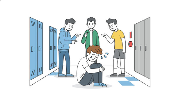 Depiction of school bullying involving several students surrounding and intimidating a crying classmate in a narrow school hallway corridor.