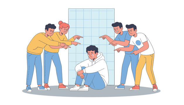 Illustration showing a group of students pointing and mocking a sad classmate who is sitting on the floor as a form of school bullying.