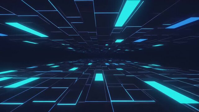 Futuristic digital data tunnel with glowing blue neon lines and abstract cyberspace grid background for technology concepts