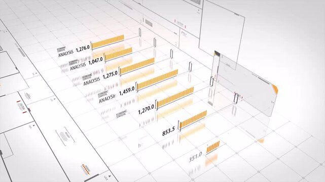 Animated financial data visualization showing growth trends with bar charts and numeric statistics.