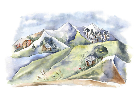 Watercolor painting of the landscape with mountains, small houses, forest, and sky. For travelers, romantic souls, and dreamers. Perfect for art prints and books