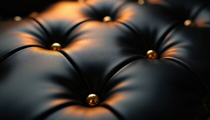 Fototapeta premium Black leather surface with diamond shape stitching and golden studs. Rich texture, deep shadows and warm light create a luxury abstract background.