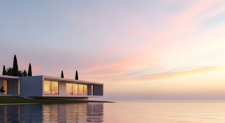 Naklejka premium Modern luxury villa with infinity pool overlooking the ocean at sunset