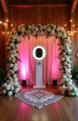 Obraz premium Rustic barn event photo booth setup with floral arch, pink lights, and vintage rug. Modern booth offers fun memories for wedding or party guests.