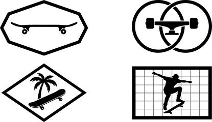 Skateboarding Silhouette Logo Emblem Set Featuring Skateboard Deck Truck Interlocking Circles Palm Tree Frame and Action Skater Grid Graphics © DarparajDab
