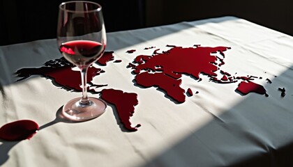 Obraz premium Red wine forms world map shape on white tablecloth. Glass of red wine sits next to map, depicting global geography and potential accidents. Concepts of travel, alcohol, and messes are implied.