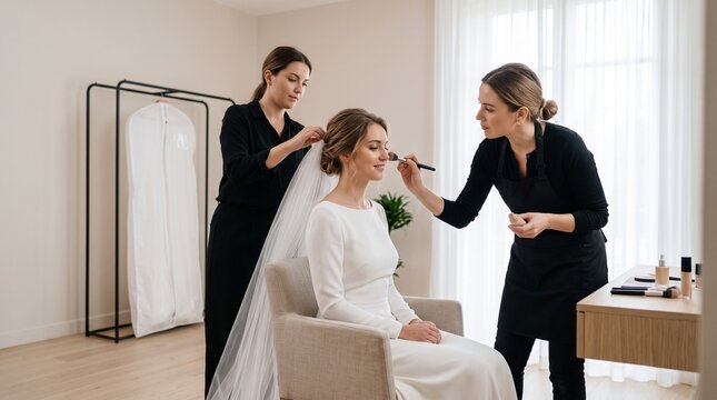 French bridal makeup and dressing, Minimalist gown and tulle veil, Natural glowing foundation, Western European bride portrait, Clean luxury suite