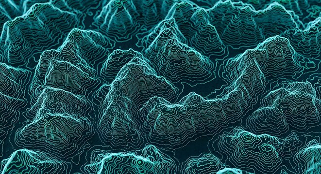 Abstract topographic map with contour lines in shades of teal and blue