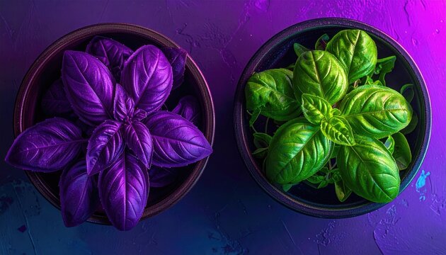 Two basil plants in pots, one purple, one green, under colorful light