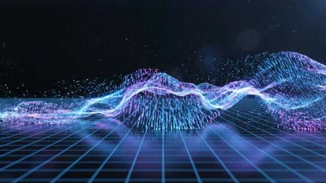 Abstract digital waves flowing over a glowing geometric grid surface