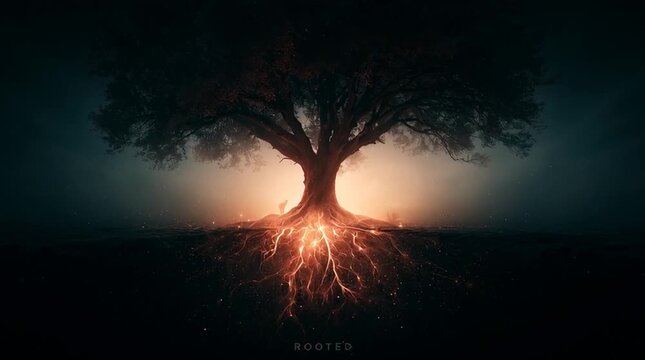 Ancient oak tree with roots transforming into glowing constellations beneath transparent earth, magical realism scene, cinematic lighting, centered typography reading &ldquo;ROOTED&rdquo;, ethereal and immersive.